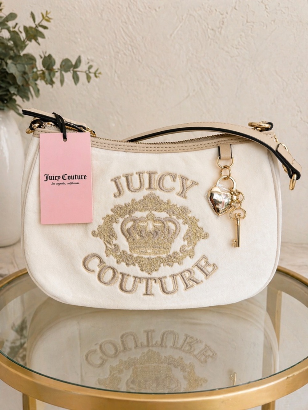 Juicy Couture Cream Embroidered Logo Shoulder Bag with Gold Charm